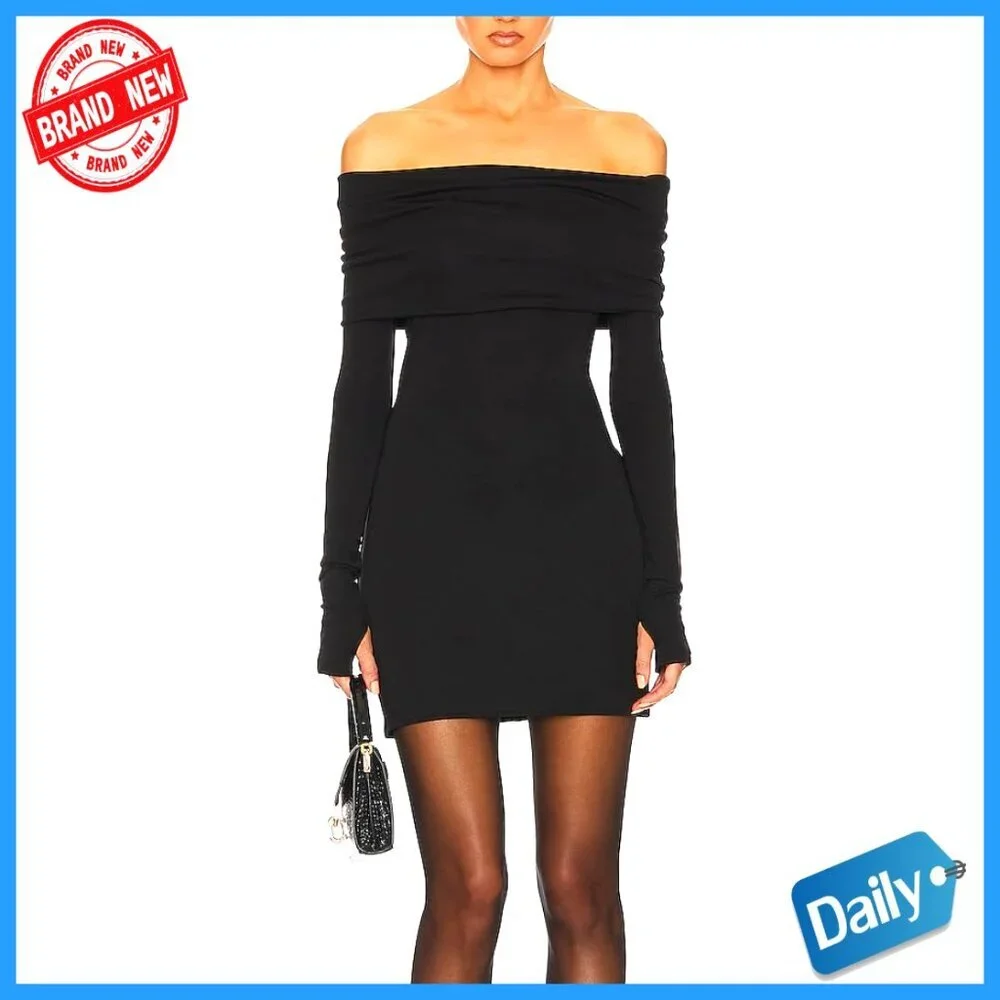 Off Shoulder Long Sleeve Bodycon Mini Dress Ribbed Knit Club Party